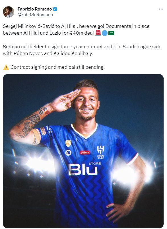 Milinkovic-Savic, nuevo jugador del Al Hilal.