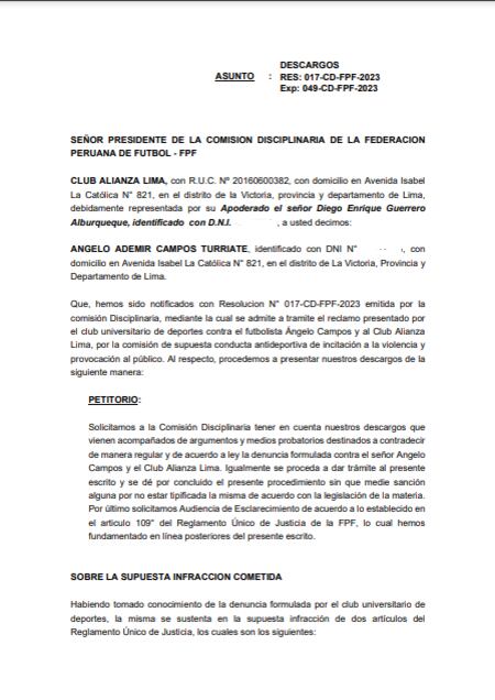 Alianza Lima presentó sus descargos ante la CL-FPF. (Captura: Alianza Lima)