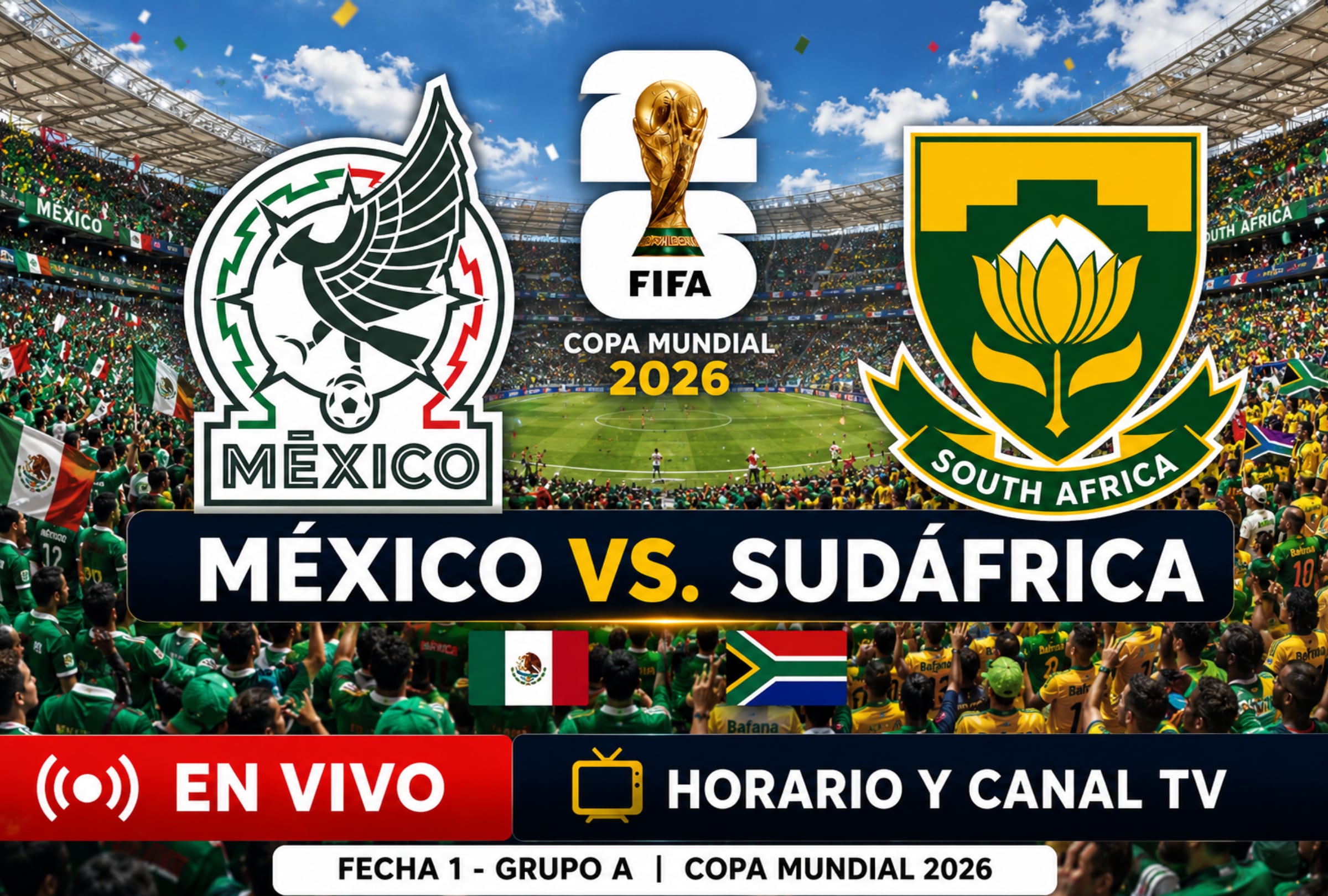CIUDAD DE MÉXICO (MÉXICO), 11/06/2026.- Lista de canales de televisión y servicios streaming para ver el partido entre México y Sudáfrica este jueves 11 de junio por la fecha 1 del grupo A de la Copa Mundial 2026 en el Estadio Azteca de la Ciudad de México. FOTO DE NOÉ YACTAYO