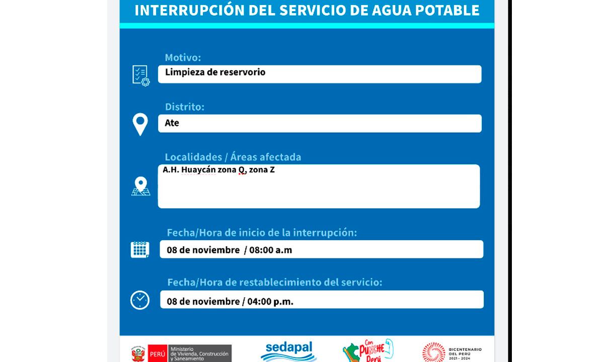 Sedapal informó qué distritos no tendrán agua este 8 de noviembre. (Foto: Twitter)