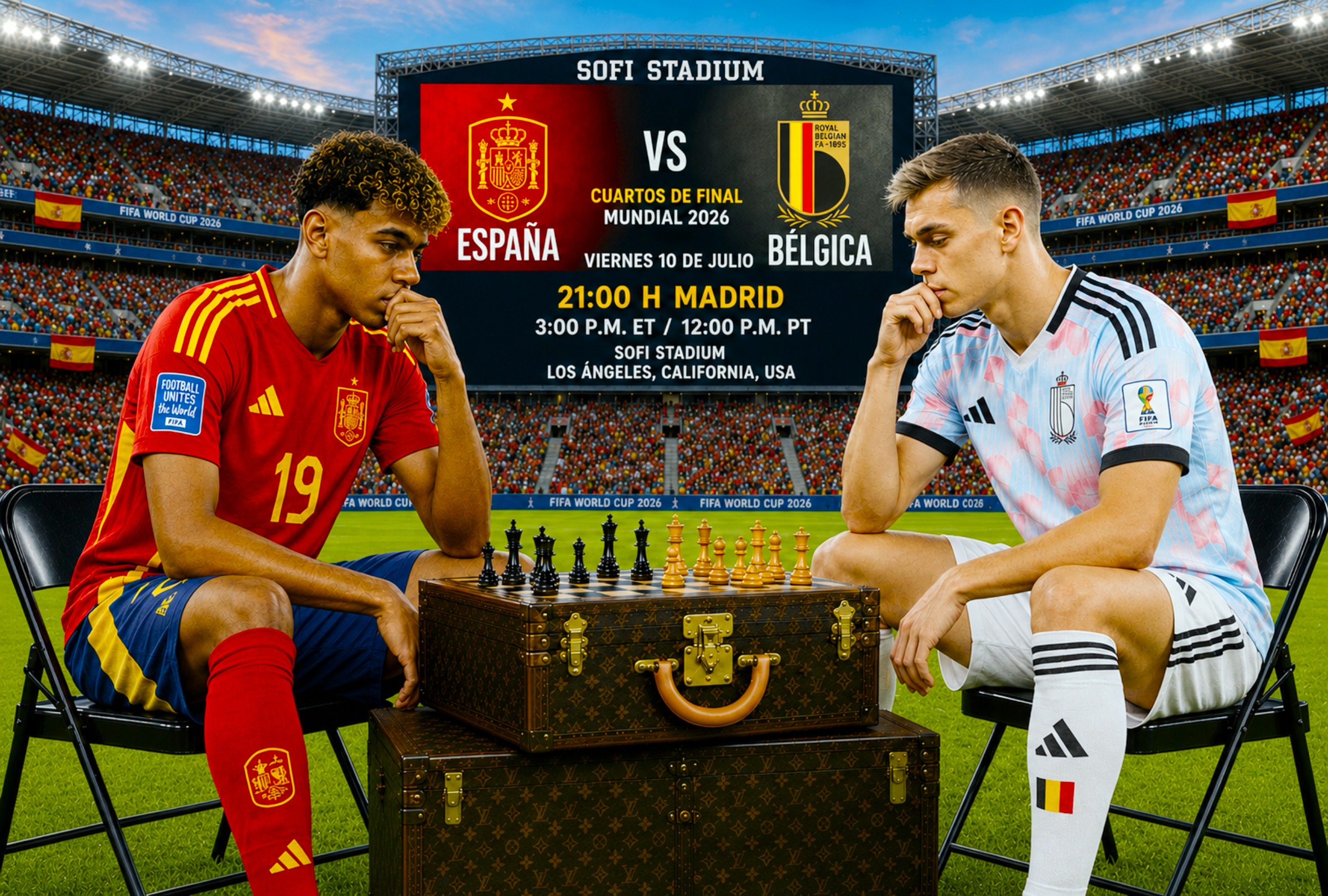 LOS ÁNGELES, CALIFORNIA (ESTADOS UNIDOS), 10/07/2026.- Cobertura oficial de RTVE Play Mundial y TVE La 1 HD EN DIRECTO ONLINE para ver el partido España — Bélgica hoy por los cuartos de final del Mundial 2026 en el SoFi Stadium de Los Ángeles, California. FOTO DE NOÉ YACTAYO