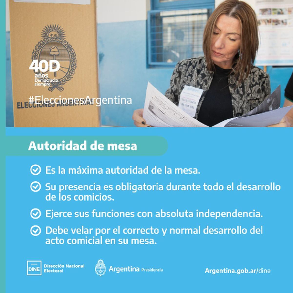 Las funciones de la autoridad de mesa en las Elecciones de Argentina 2023 (Foto: DINE)