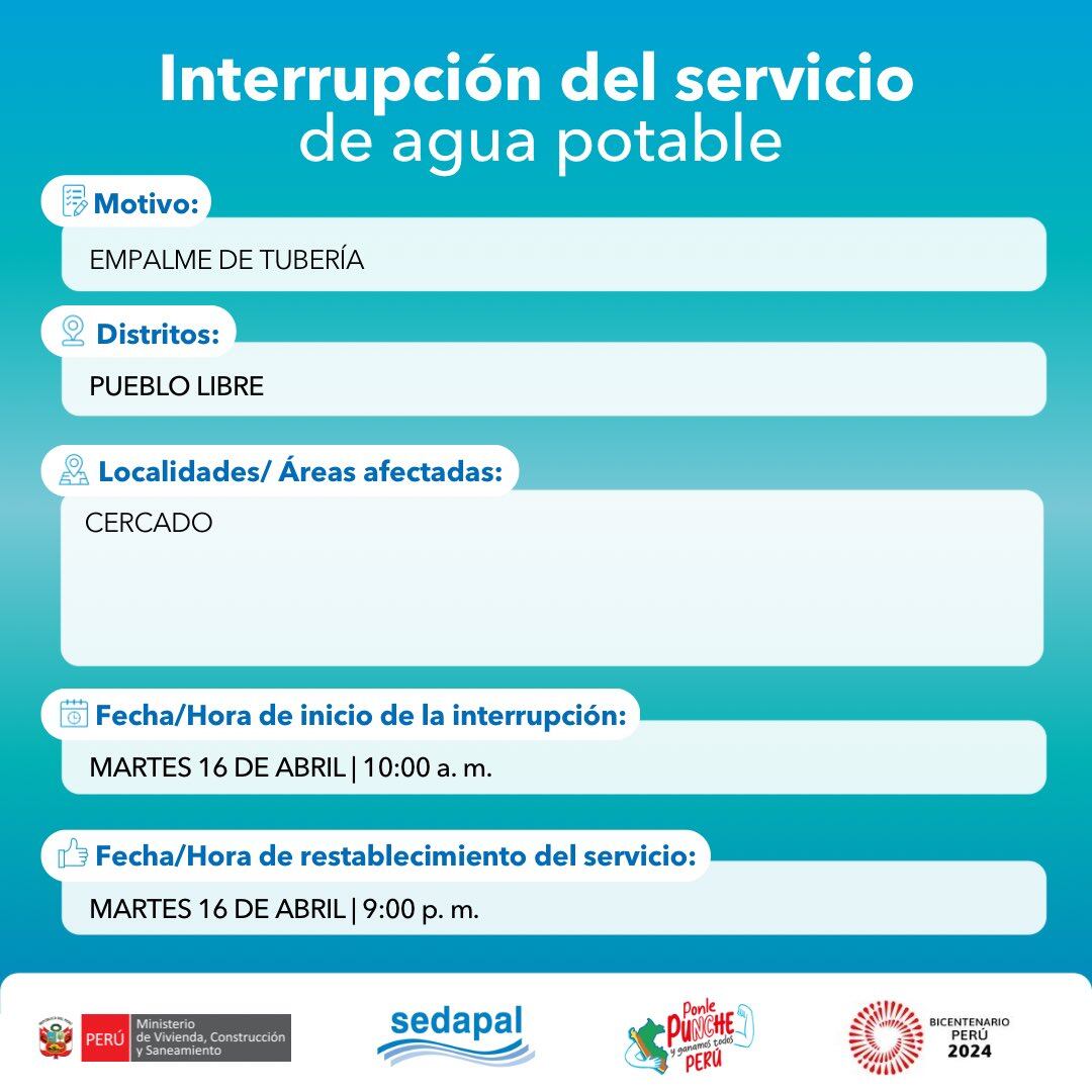 Sedapal anunció que el servicio de agua potable estará restringido en algunas zonas este martes 16 de abril. (Foto: Sedapal)