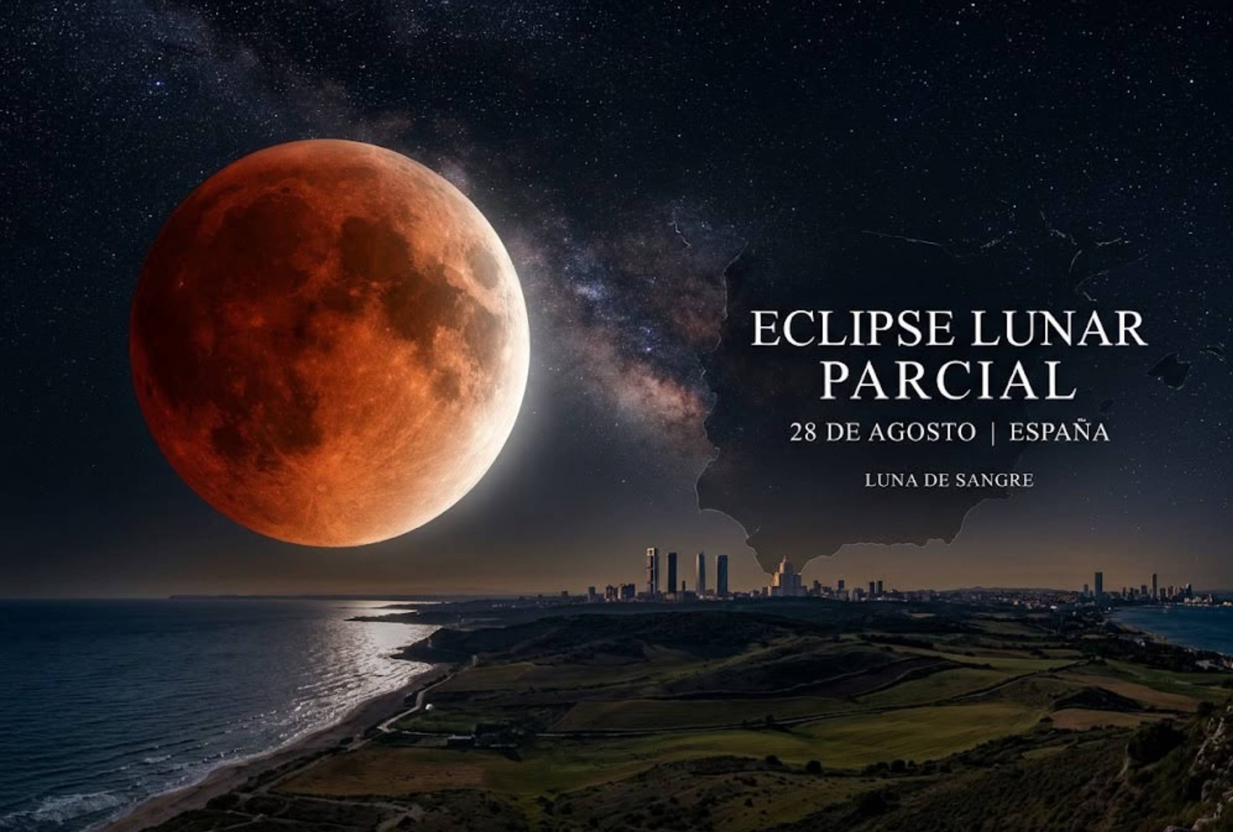 ESPAÑA, (28-08-2026). Revisa la hora y dónde ver en España el eclipse lunar parcial que se realizará este 28 de agosto. FOTO: Imagen creada por la IA de Gemini.