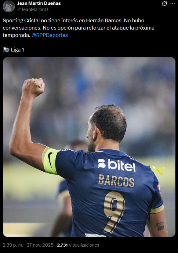 Lo último sobre Hernán Barcos y Sporting Cristal | Foto: X (Jean Martín Dueñas)