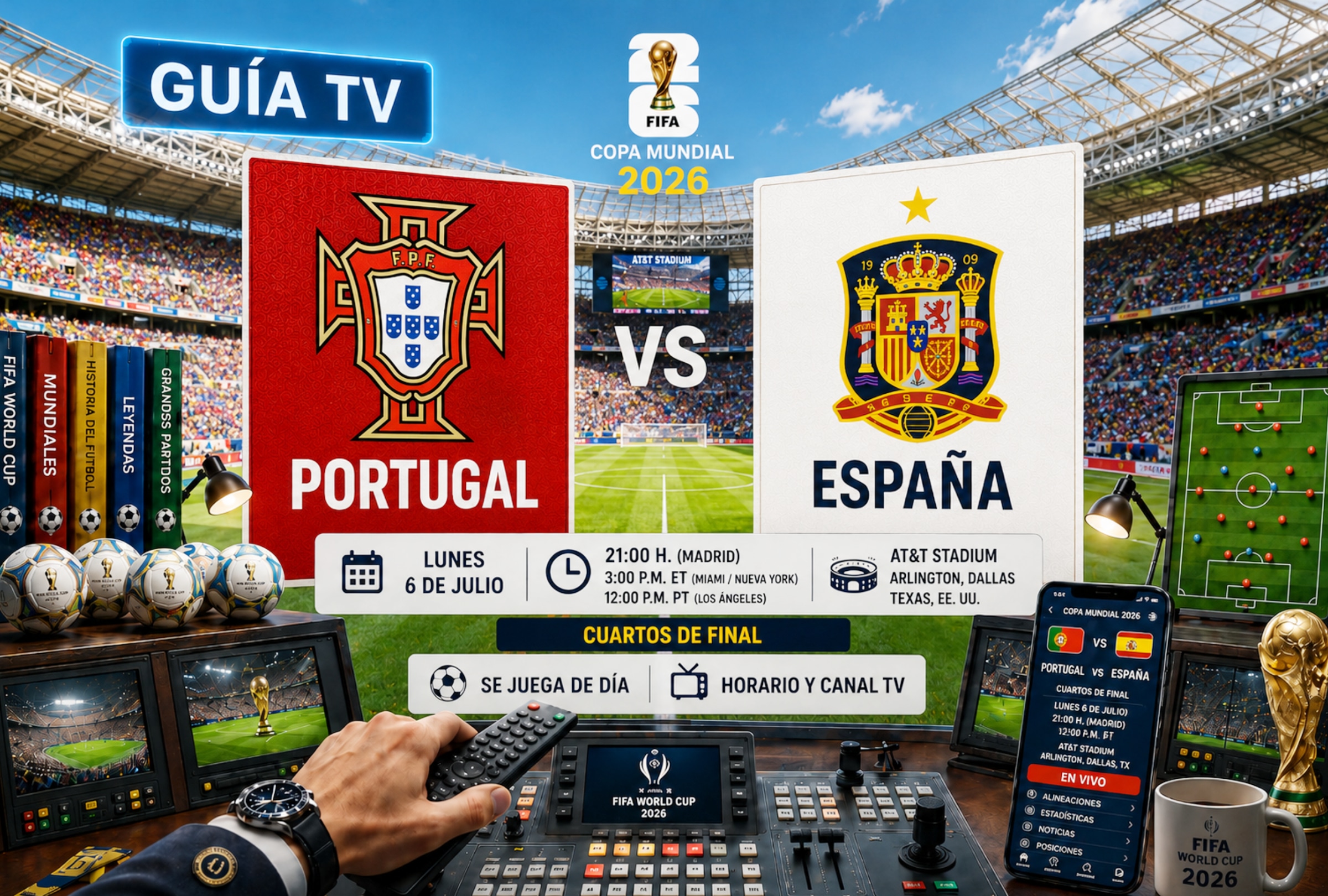 DALLAS, TEXAS (ESTADOS UNIDOS), 06/07/2026.- Lista de canales de televisión y servicios streaming para mirar el partido Portugal vs. España en vivo, online y en directo hoy, con Cristiano Ronaldo y Lamine Yamal, por los octavos de final del Mundial 2026 en el AT&T Stadium de Arlington en Dallas, Texas. FOTO DE NOÉ YACTAYO