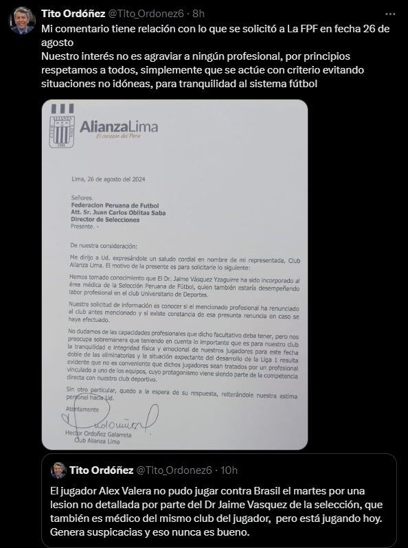 La publicación del delegado de Alianza Lima sobre el caso de Valera en Universitario de Deportes.