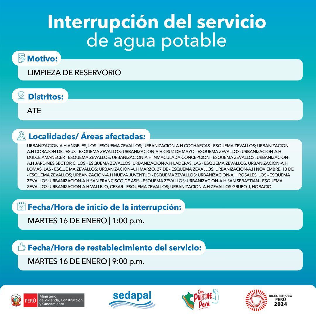 Sedapal informó qué distritos no tendrán agua este martes 16 de enero. (Foto: Twitter)