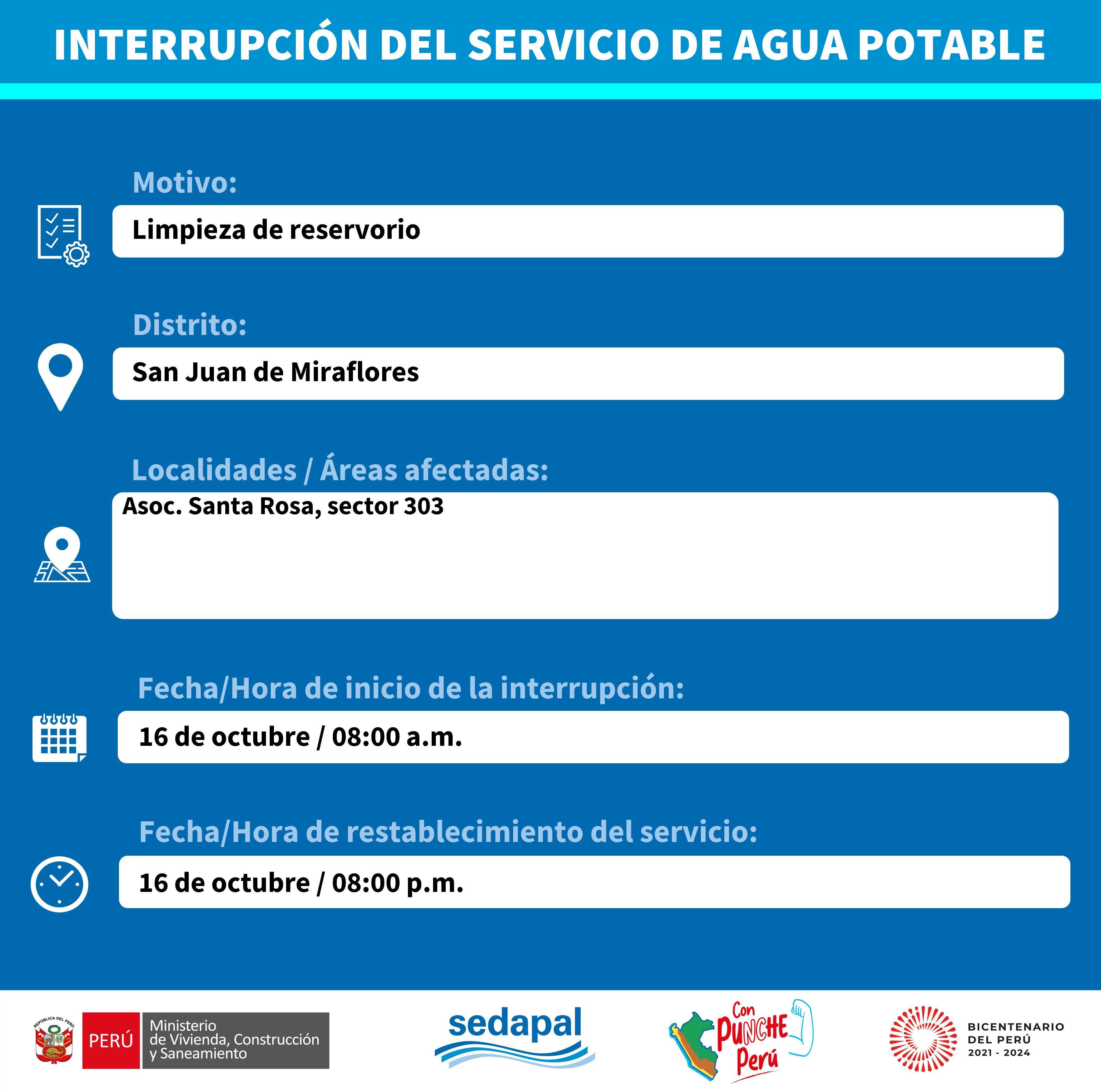 Sedapal informó en qué zonas cortará el agua este lunes 16 de octubre. (Foto: Twitter)