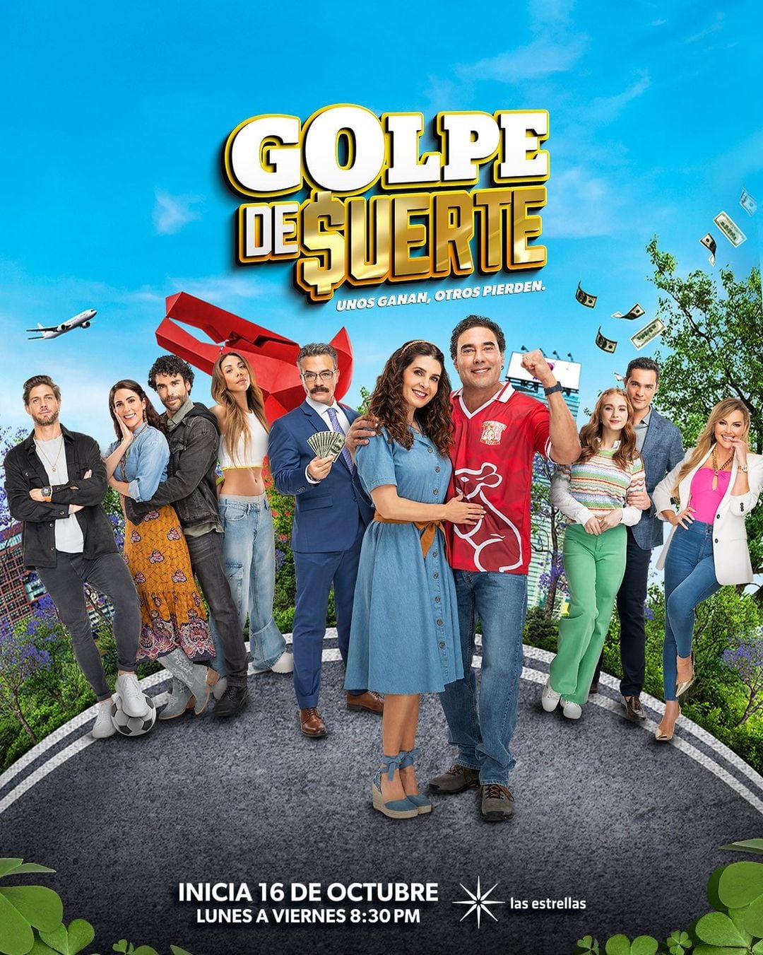 Afiche promocional de "Golpe de suerte" con el reparto de la telenovela (Foto: TelevisaUnivision)