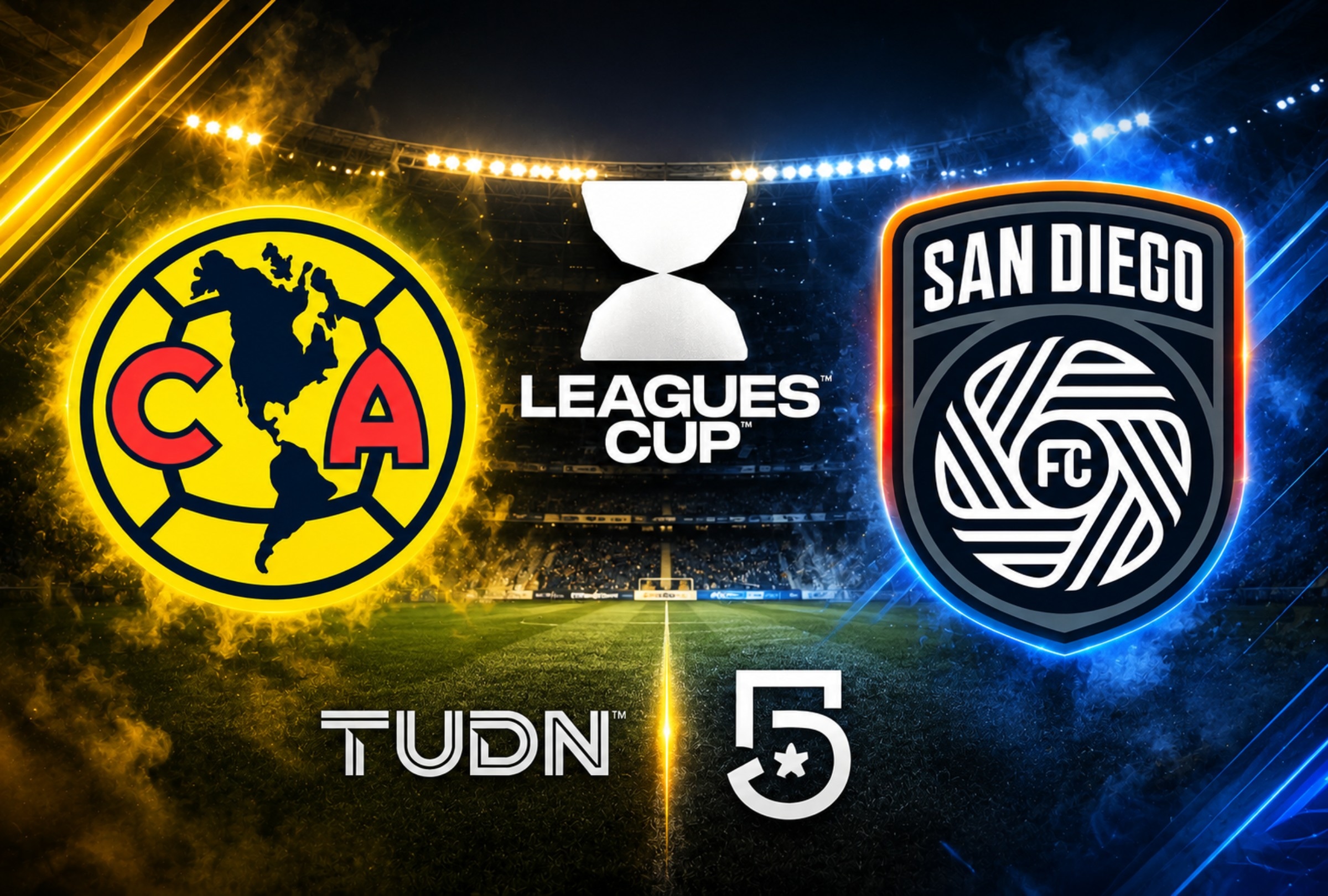 CIUDAD DE MÉXICO, (MÉXICO), 06/08/2026. TUDN y Canal 5 transmitirán EN VIVO y GRATIS el partido América vs. San Diego por la primera fecha del Grupo A de la Leagues Cup en el Estadio Banorte, Ciudad de México, México. FOTO: Imagen creada por IA de ChatGPT.