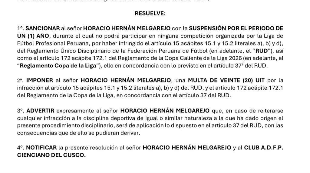 Resolución de la Comisión Disciplinaria de la FPF que amonestó a Horacio Melgarejo.