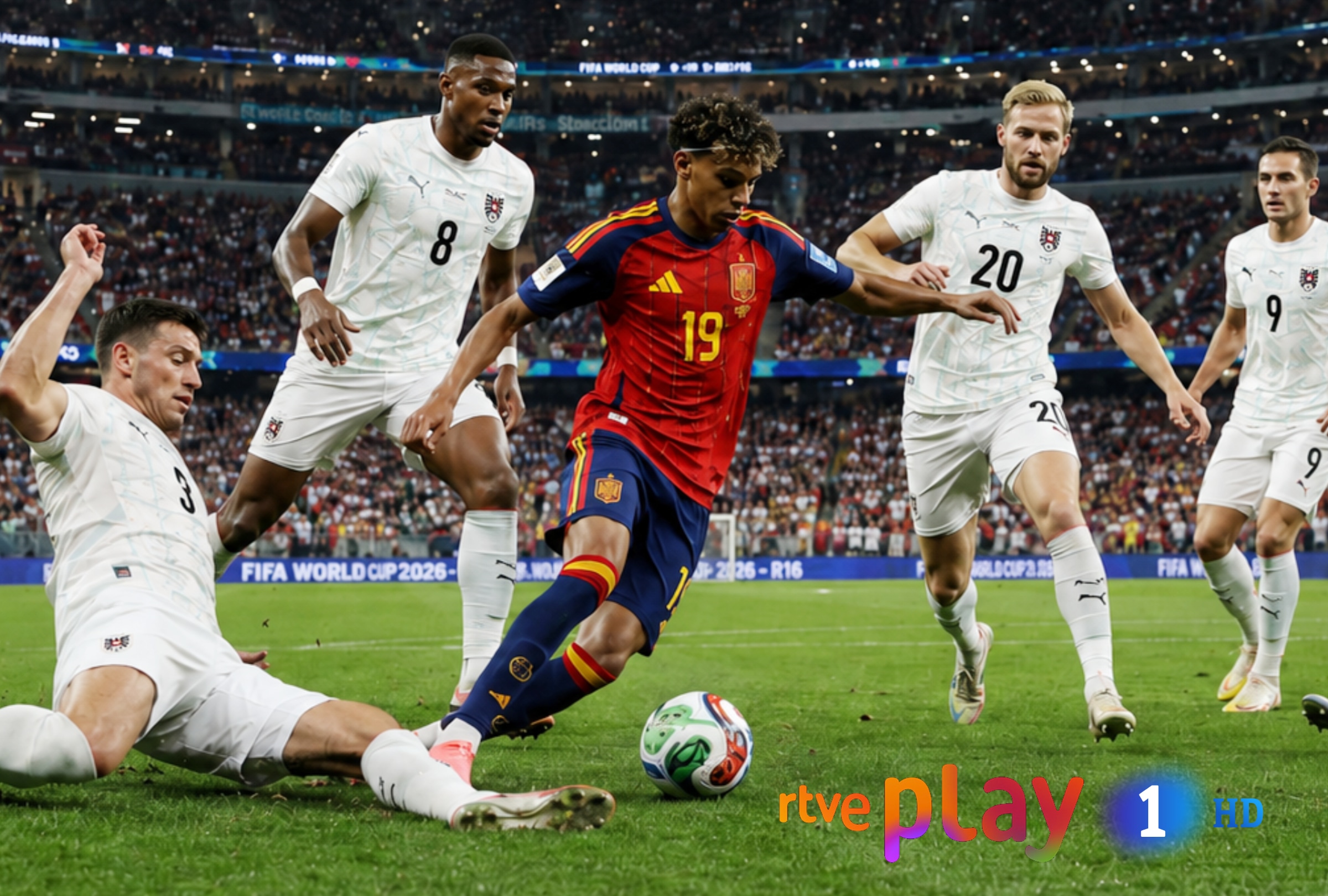 LOS ÁNGELES, CALIFORNIA (ESTADOS UNIDOS), 02/07/2026.- Cobertura oficial de RTVE Play Mundial y Canal La 1 HD EN DIRECTO ONLINE para ver el partido España - Austria hoy por los dieciseisavos de final de la Copa Mundial FIFA 2026 en el SoFi Stadium de Los Ángeles, California. FOTO DE NOÉ YACTAYO GENERADA CON IA DE CHATGPT Y FOTO REFERENCIAL DE LA AGENCIA AFP