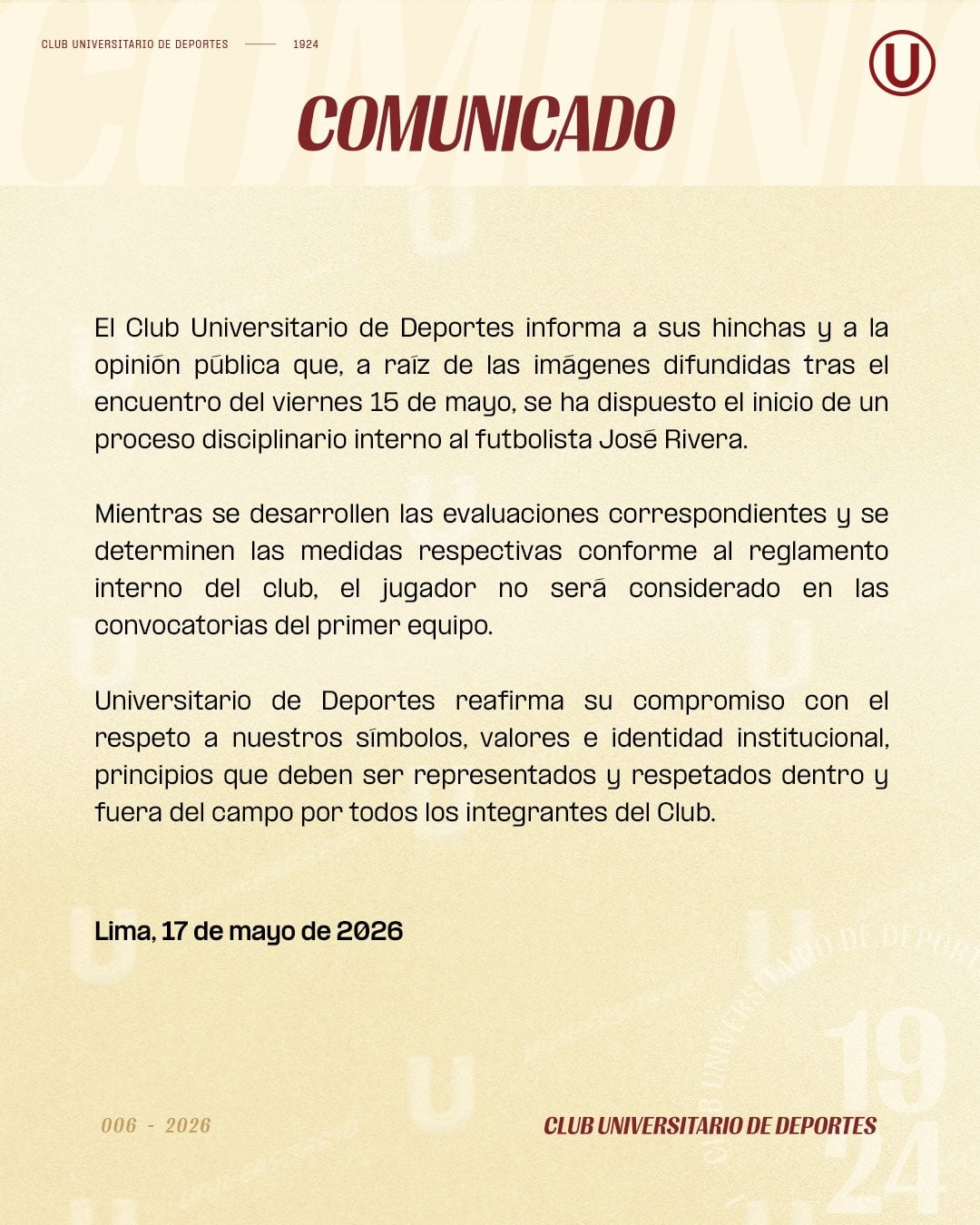 Comunicado de Universitario sobre situación del 'Tunche' Rivera. (Foto: Universitario)