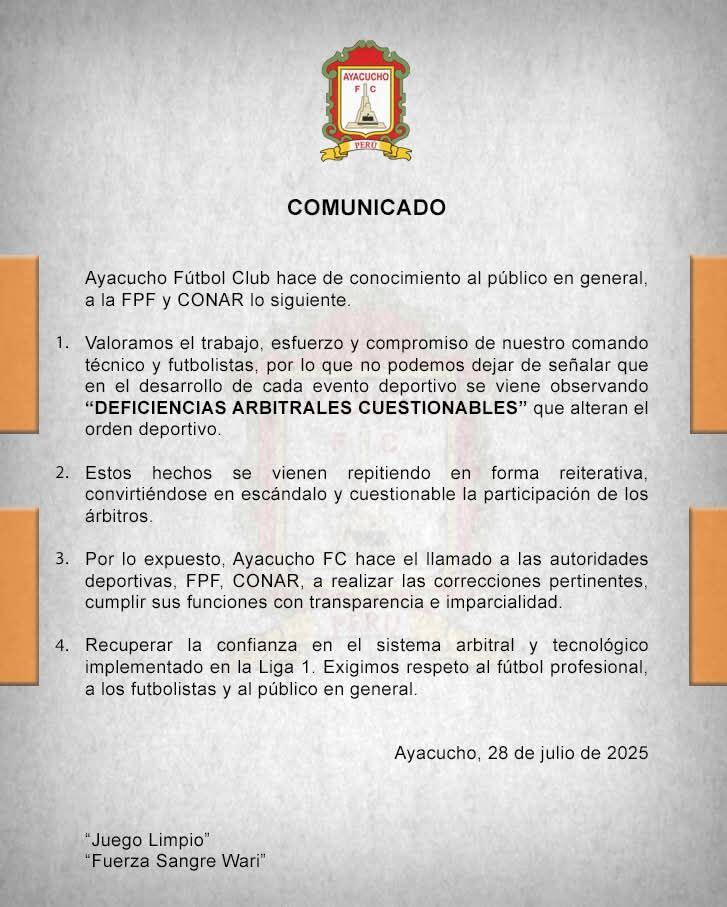 Ayacucho FC expresó su molestia en contra de las decisiones arbitrales que se han dado en la Liga 1. (Foto: Ayacucho FC)