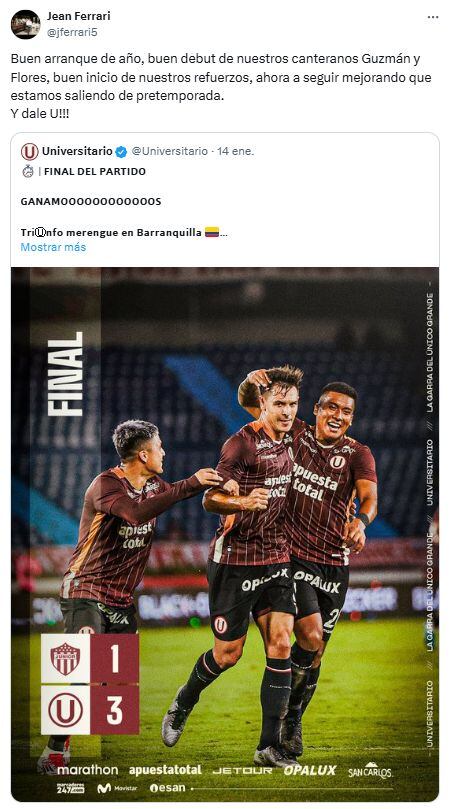 Este fue el mensaje de Jean Ferrari tras el triunfo de Universitario sobre Junior de Barranquilla (Foto: @jferrari5).