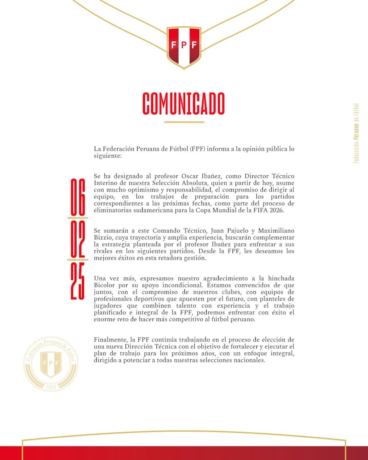 Comunicado oficial de la Selección Peruana en el que se anunció a Óscar Ibáñez como nuevo entrenador de la 'Bicolor' (Foto: @SeleccionPeru).