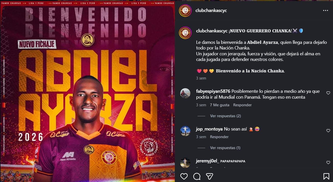 Abdiel Ayarza fue anunciado como nuevo refuerzo de Los Chankas. (Foto: Captura Instagram)