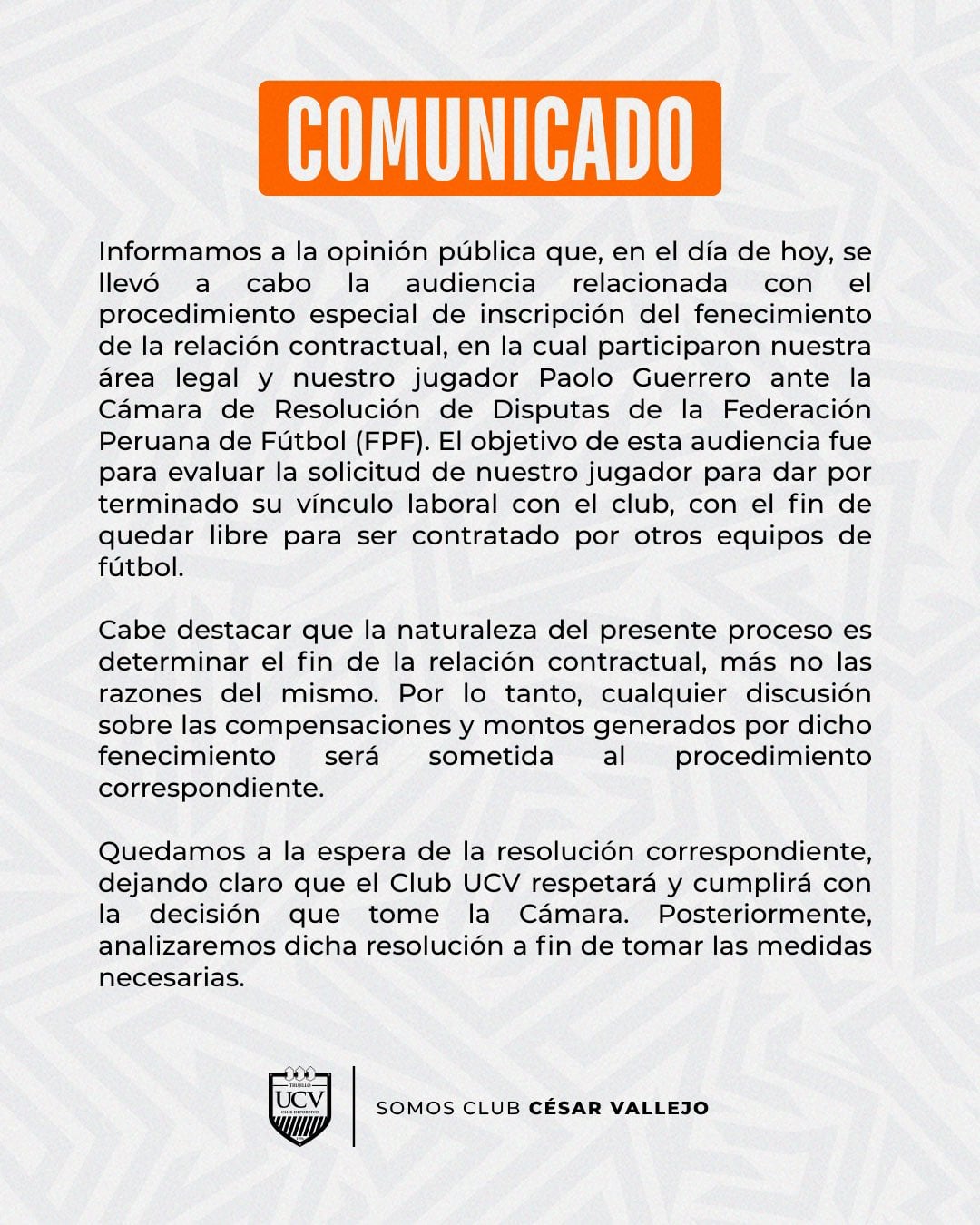 Comunicado de UCV sobre Paolo Guerrero.