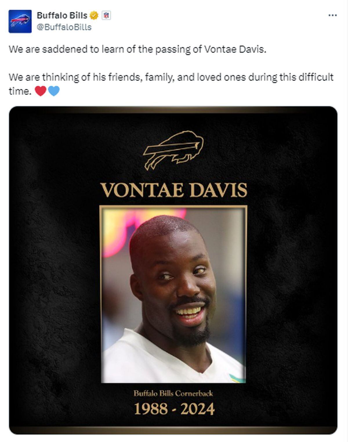 Los Bills también lamentaron la muerte de Vontae Davis (Foto: Buffalo Bills / X)