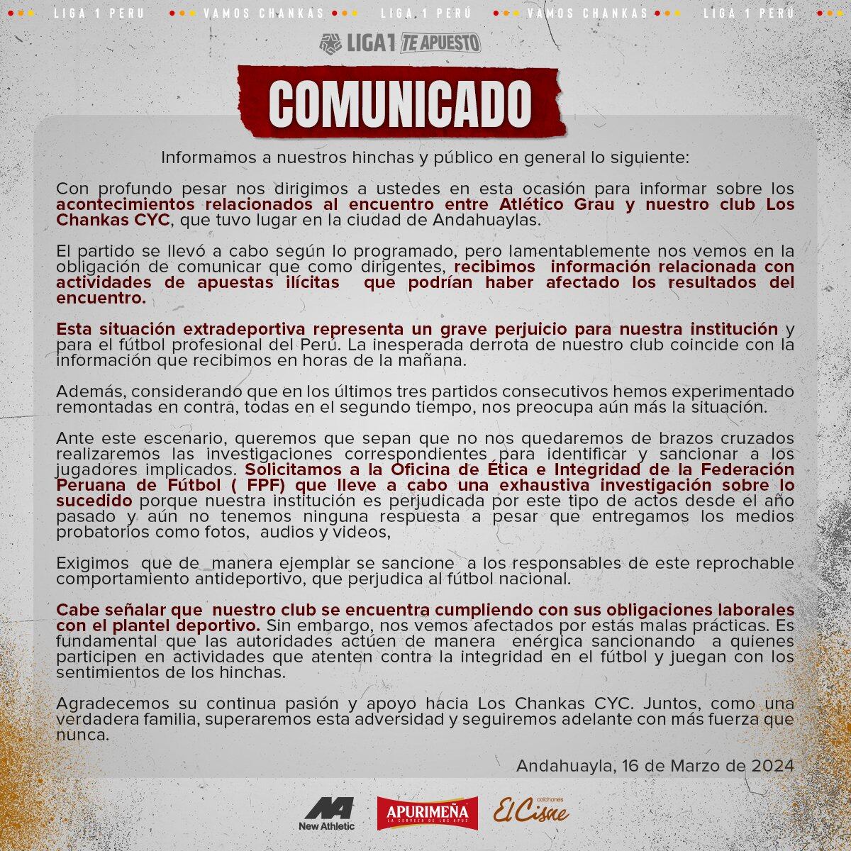 Comunicado de Los Chankas por posibles apuestas ilícitas. (Imagen: Los Chankas)