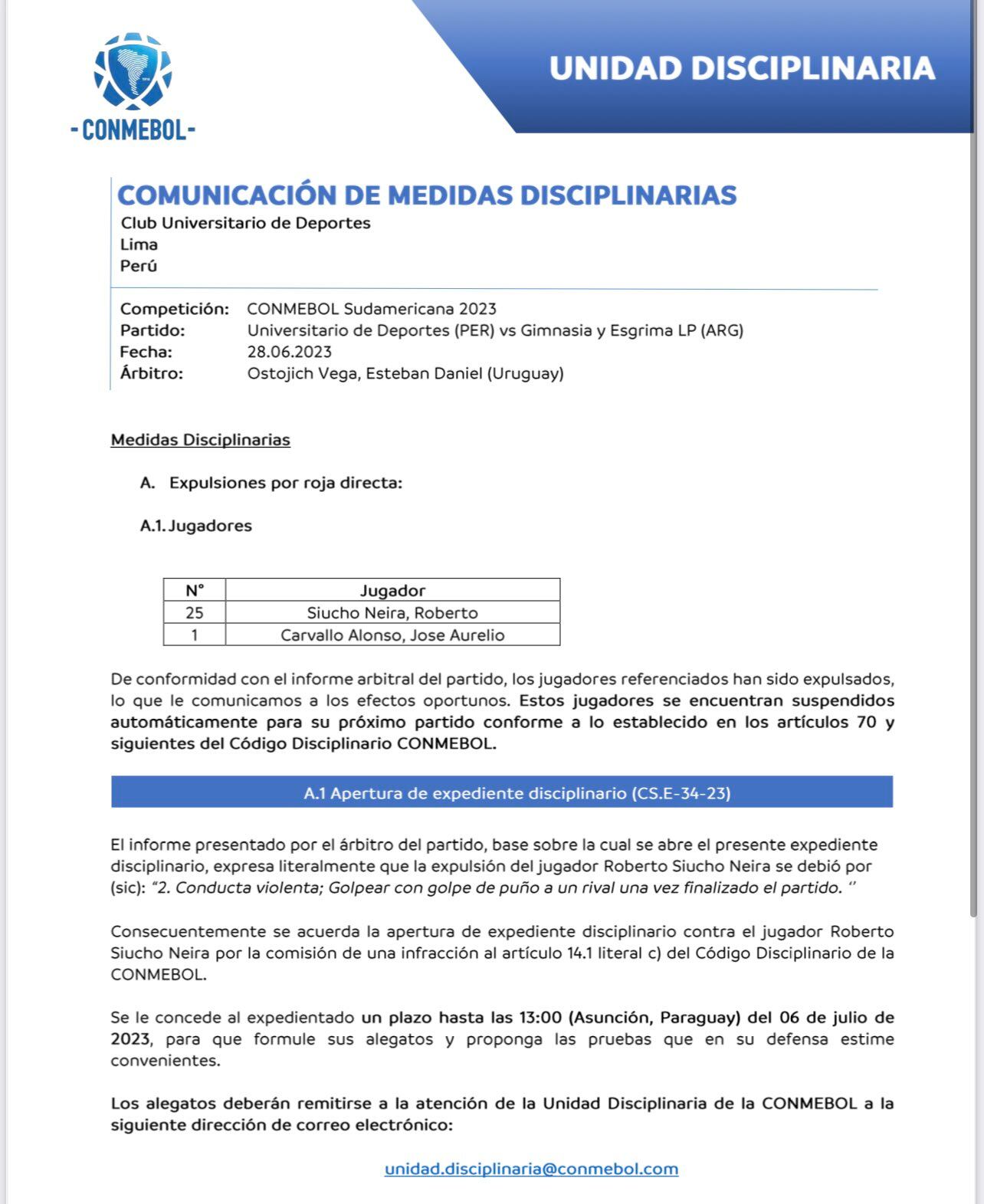 Las medidas disciplinarias de la Conmebol tras la batalla campal entre Universitario vs. Gimnasia. (Foto: Conmebol)