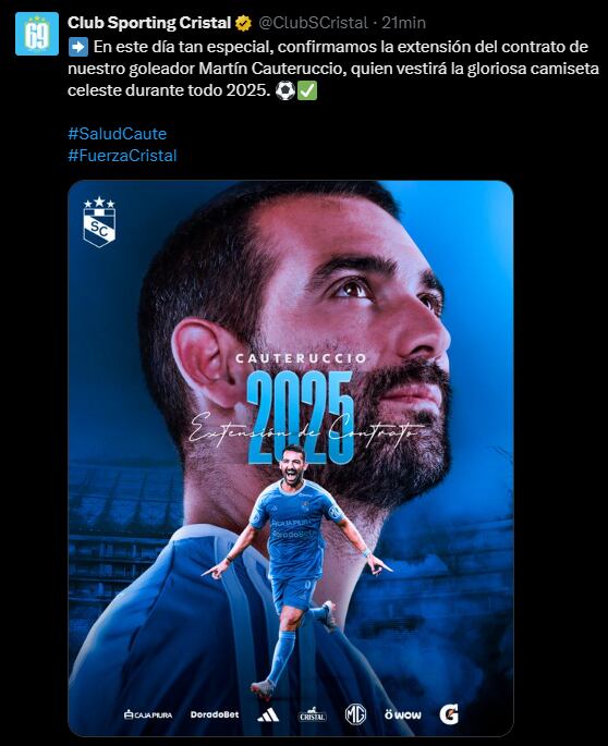 Sporting Cristal anunció la renovación de Martín Cauteruccio. (Captura)