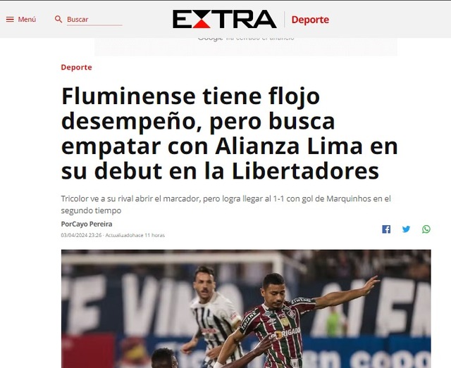La reacción de los medios brasileños tras el empate entre Alianza Lima y Fluminense. (Imagen: Captura)