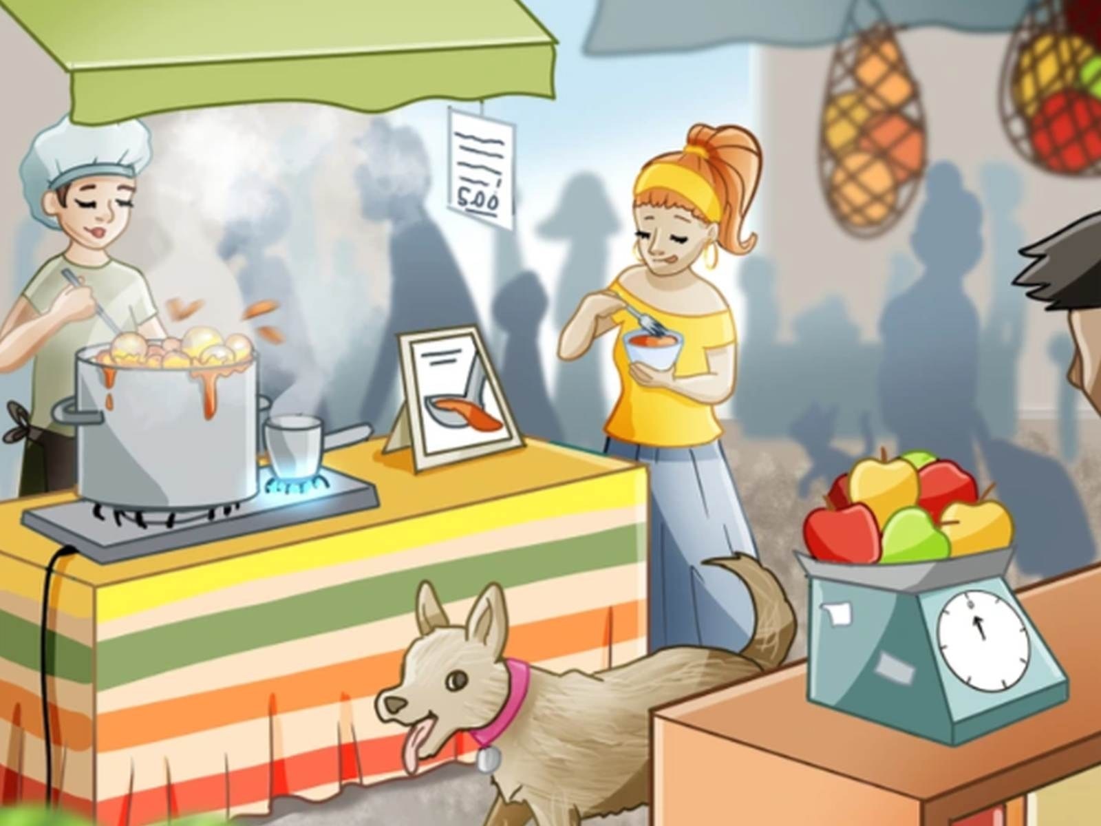 RETO VIRAL | Esta imagen te permite apreciar a una mujer vendiendo comida en un mercado. Justamente, una chica se convirtió en su clienta. Además, se ve a un perro feliz. (Foto: genial.guru)