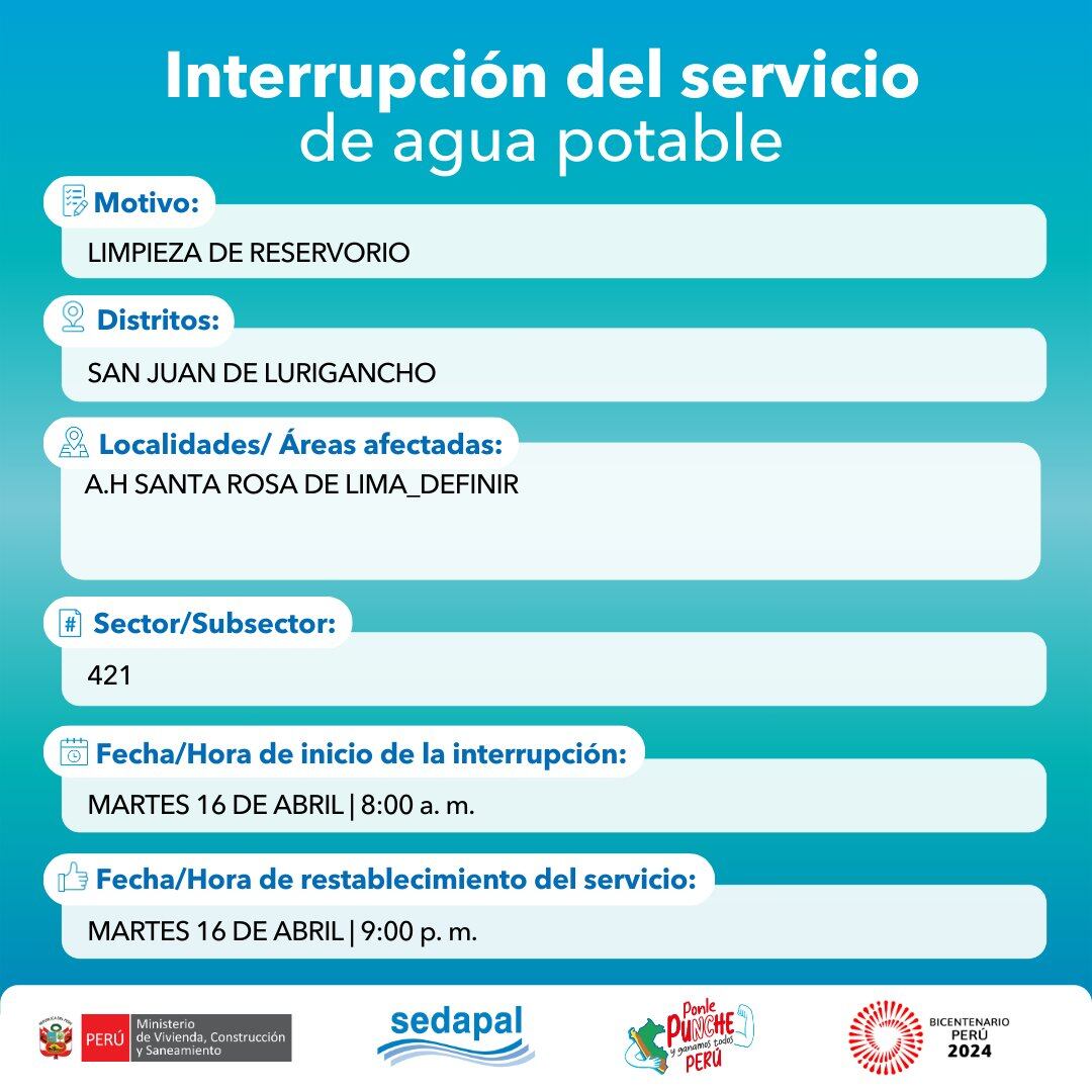 Sedapal anunció que el servicio de agua potable estará restringido en algunas zonas este martes 16 de abril. (Foto: Sedapal)