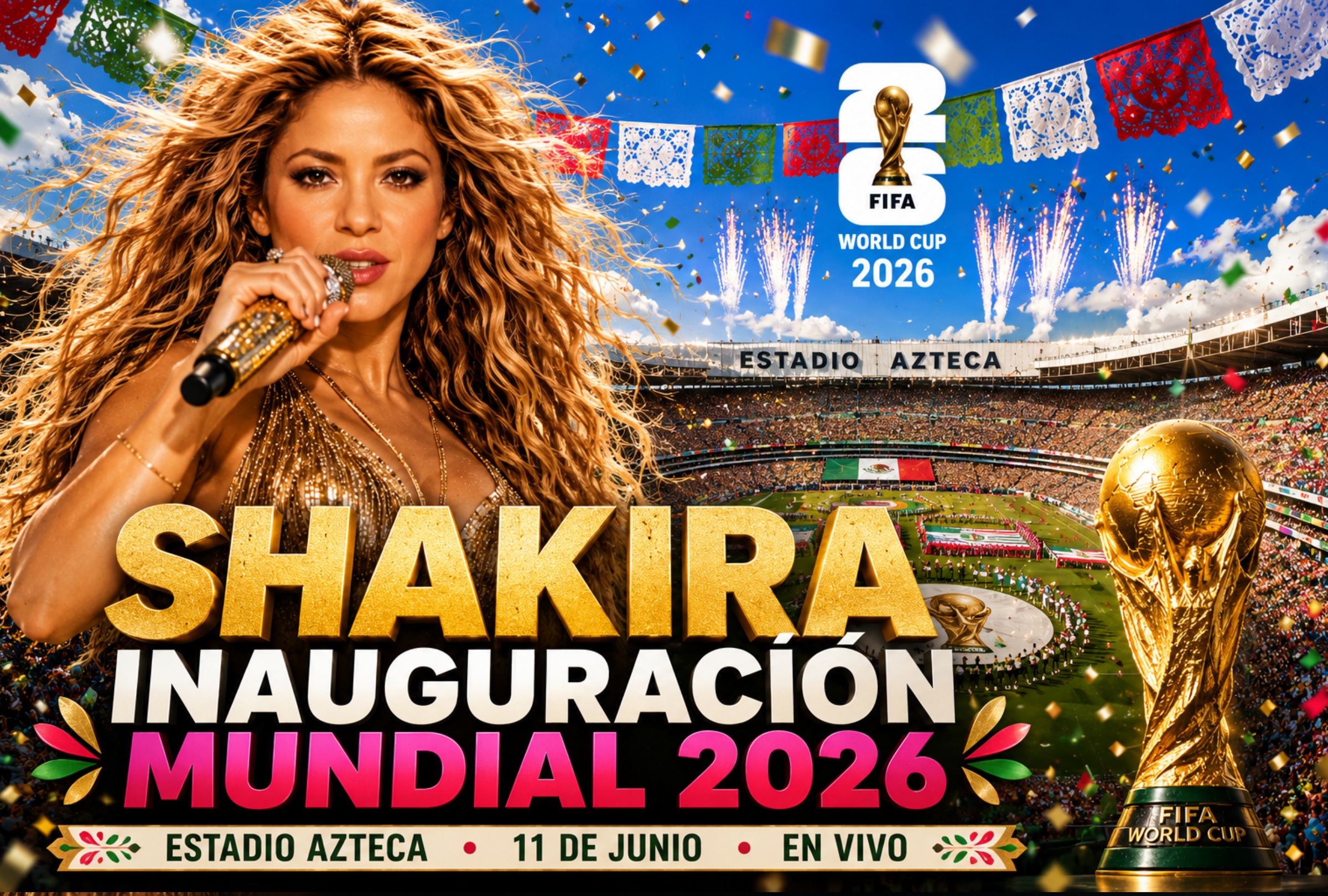 CIUDAD DE MÉXICO (MÉXICO), 11/06/2026.- Lista de horarios y canales de televisión en diferentes países del mundo para ver el show musical de Shakira durante la inauguración del Mundial 2026 del jueves 11 de junio en el Estadio Banorte de Ciudad de México. FOTO DE NOÉ YACTAYO CREADA CON IA DE CHATGPT PARA DEPOR.COM