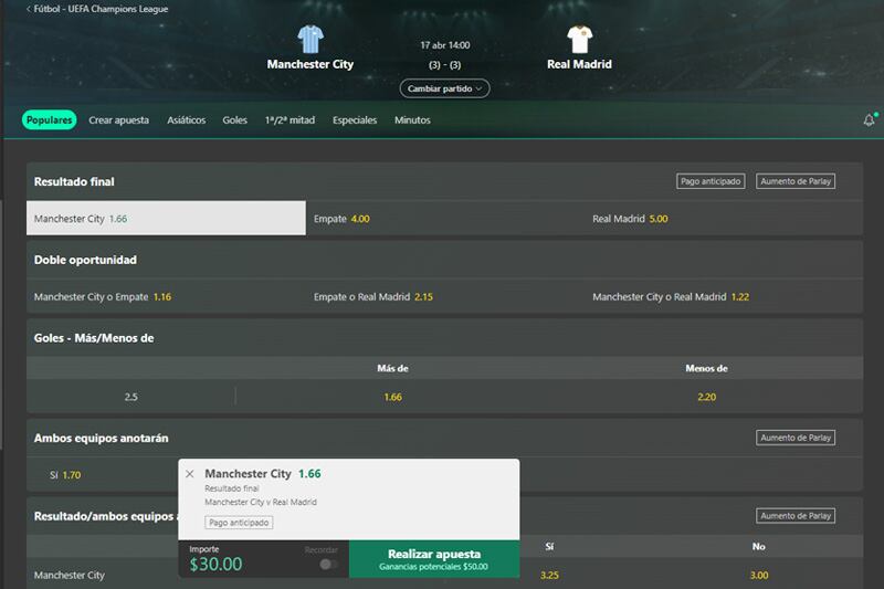 Captura de pantalla tomada el 10/04/2024. Las cuotas mostradas pueden variar desde el momento de su publicación.