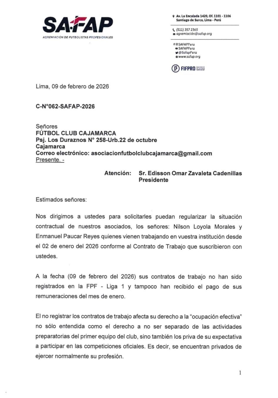 El reclamo de la SAFAP que involucra a Hernán Barcos. (Imagen: SAFAP)