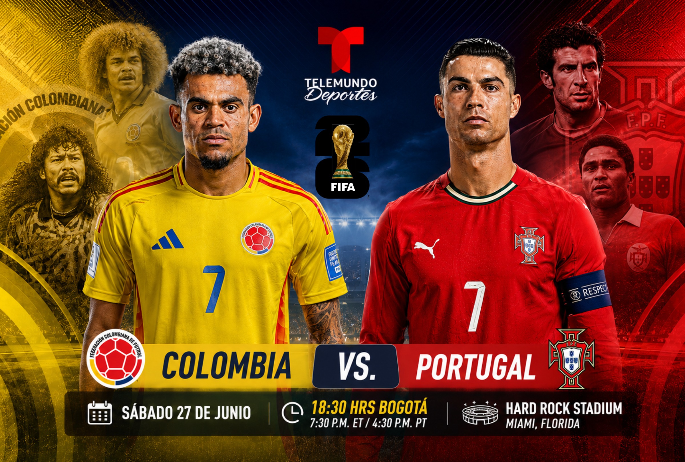 MIAMI, FLORIDA (ESTADOS UNIDOS), 27/06/2026.- Cobertura oficial de Telemundo Deportes Ahora EN VIVO GRATIS para mirar el partido Colombia vs. Portugal hoy, con Luis Díaz y Cristiano Ronaldo, por la Jornada 3 del grupo K del Mundial 2026 en el Hard Rock Stadium de Miami, Florida. FOTO DE NOÉ YACTAYO