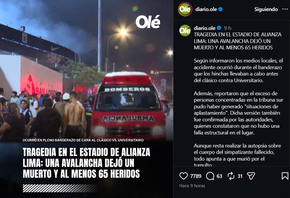 Olé reportó la tragedia en el Estadio Alejandro Villanueva. (Imagen: Captura de Instagram)
