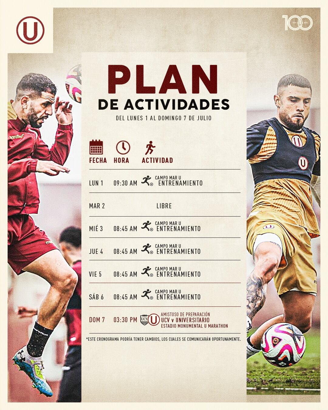 Plan de actividades de la ‘U’ para la primera semana de julio. (Imagen: Universitario)