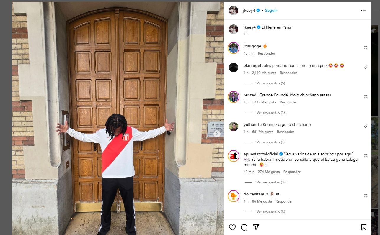 Jules Koundé y la publicación vistiendo la camiseta de la Selección Peruana. (Instagram)