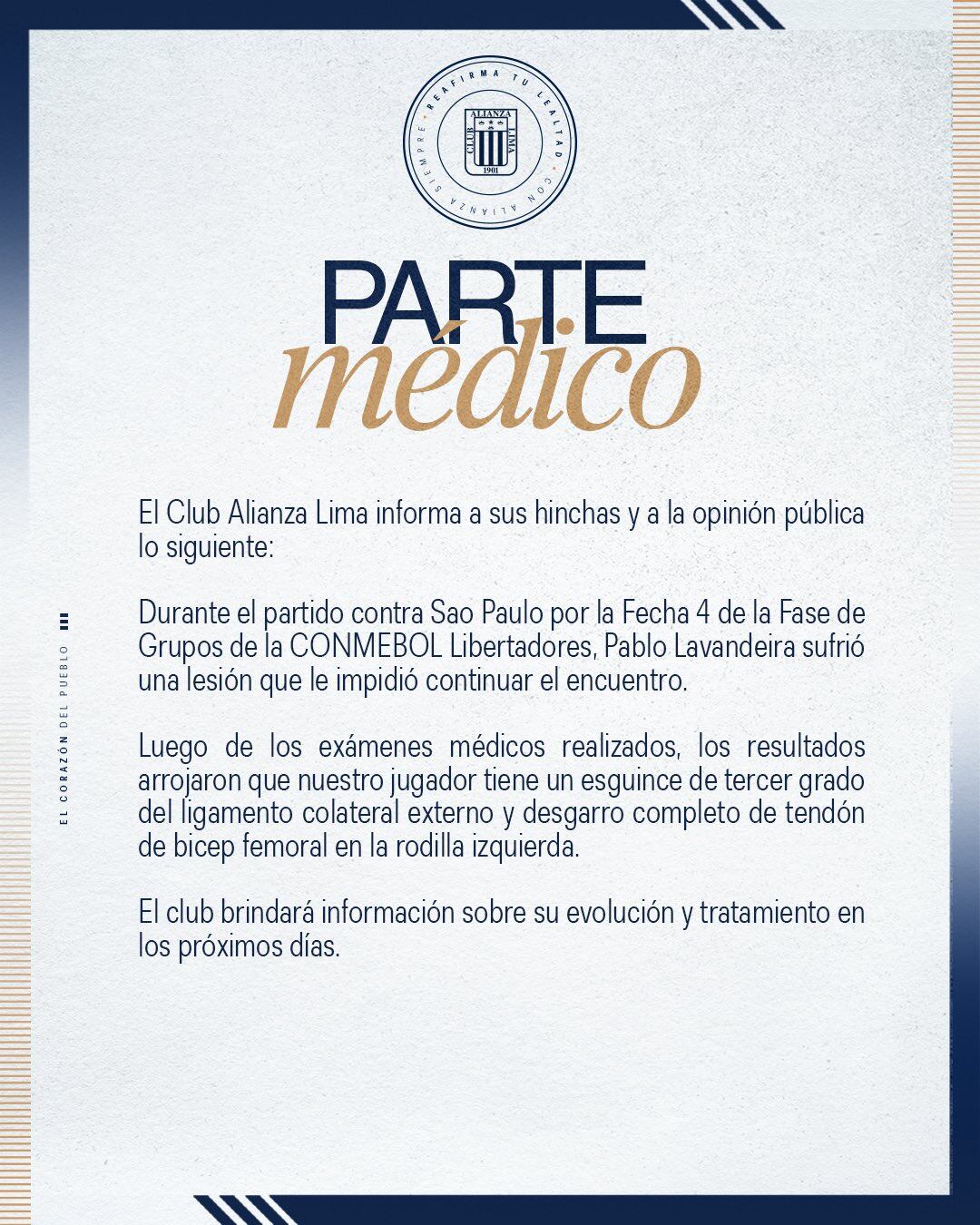 Alianza Lima confirmó lesión de Pablo Lavandeira vía redes sociales.