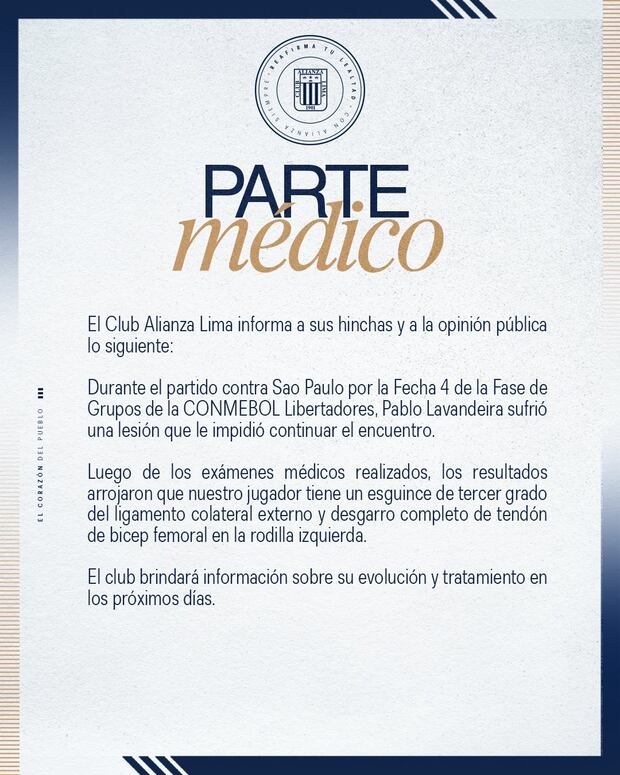 Alianza Lima confirmó lesión de Pablo Lavandeira vía redes sociales.