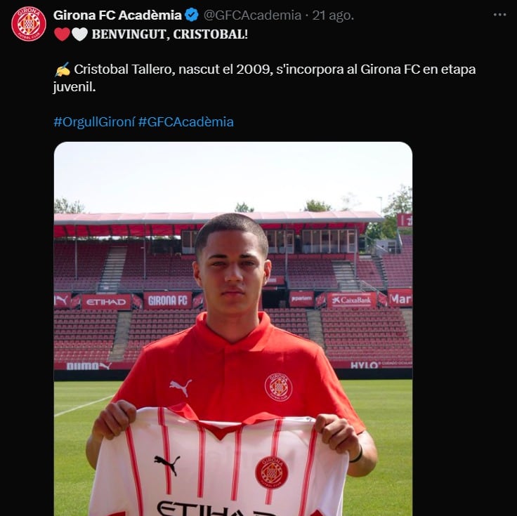 El peruano Cristóbal Trallero fue anunciado como nuevo jugador del equipo juvenil de Girona. (Foto: @GFCAcademia)