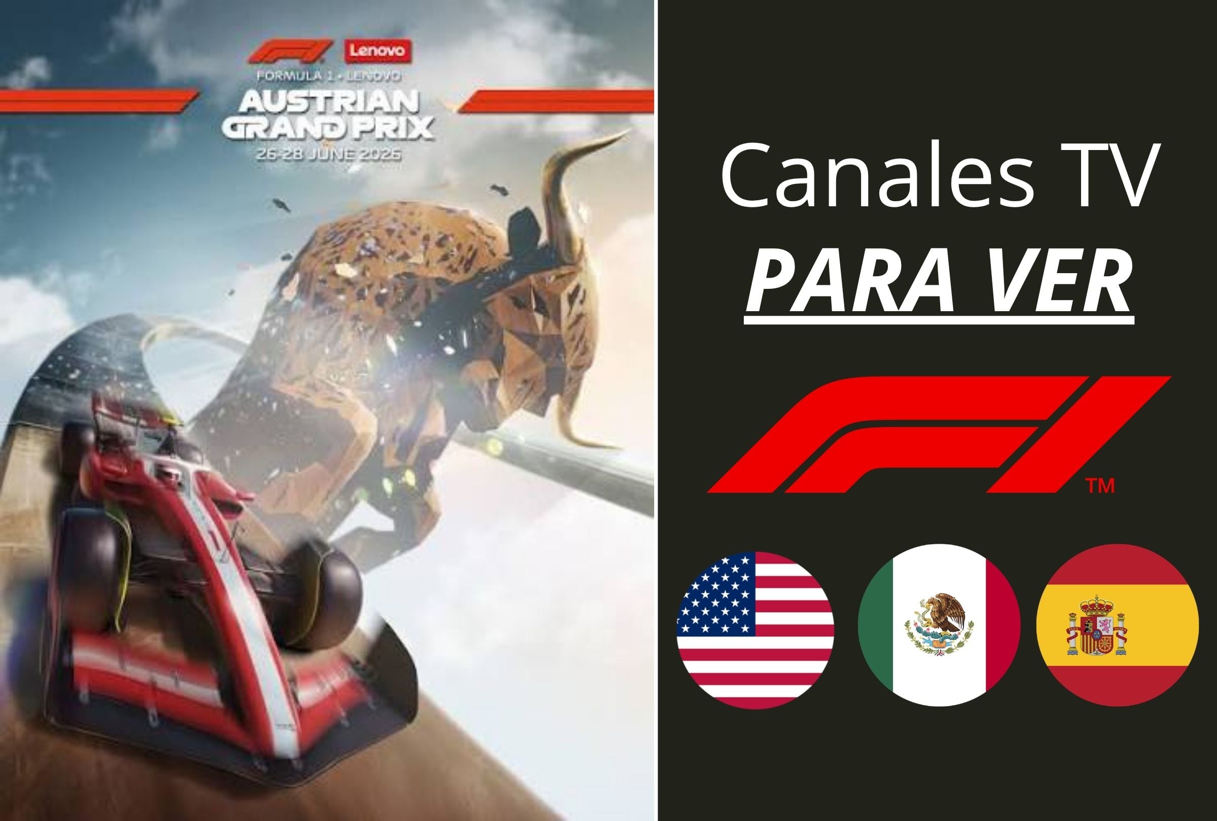 El GP de Austria 2026 será este domingo 28 de junio. Conoce qué canales de TV y dónde ver la carrera por señal abierta y app móviles en Estados Unidos, México y España. (Foto: Composición Mag)