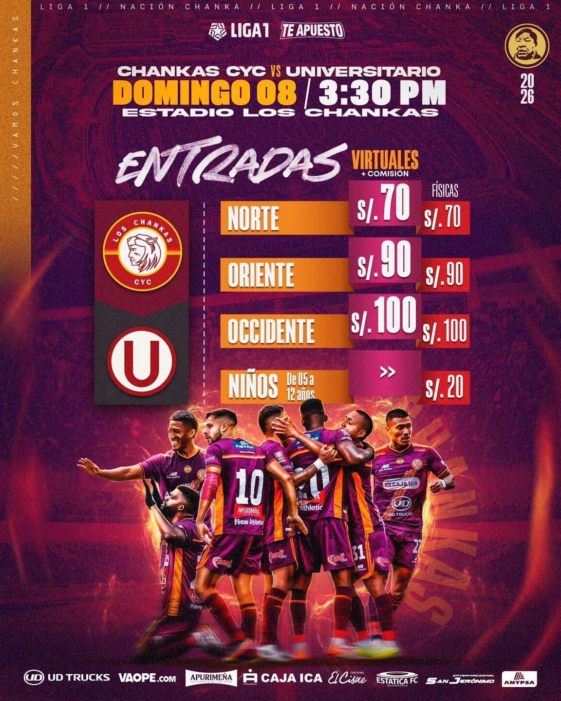 Precio de las entradas para el partido por la fecha 6 del Apertura. (Foto: Las Chankas)