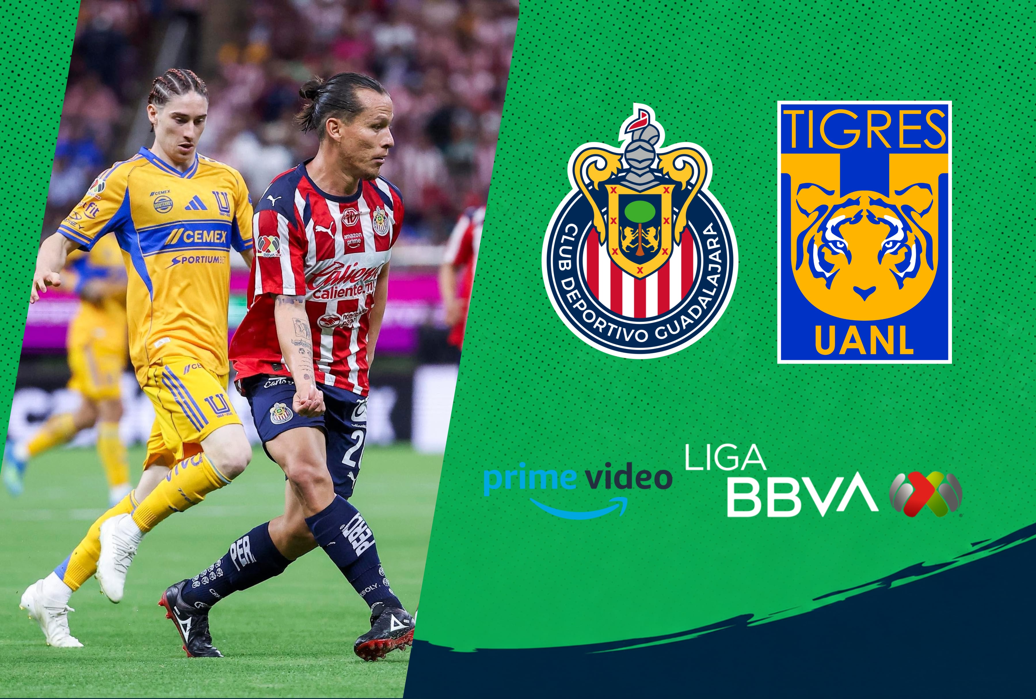 Sigue cada disputa del balón entre jugadores de Chivas de Guadalajara y Tigres UANL en la transmisión oficial por internet de Prime Video. | Crédito: Chivas / Facebook / Composición Mag