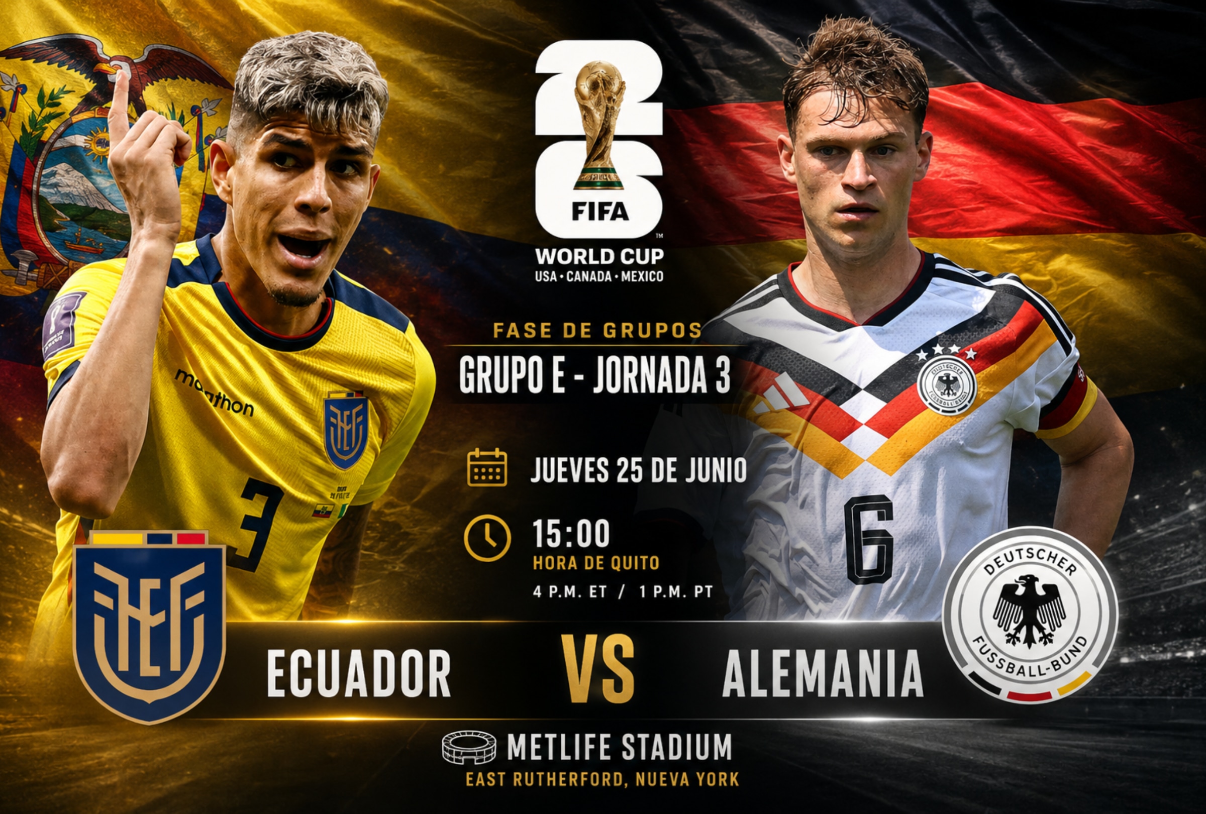 EAST RUTHERFORD, NUEVA YORK (ESTADOS UNIDOS), 25/06/2026.- Cobertura oficial de Azteca 7, Canal 5 y TUDN EN VIVO GRATIS para ver el partido Ecuador vs. Alemania hoy por la Jornada 3 del grupo E del Mundial 2026 en el East Rutherford, Nueva York. FOTO DE NOÉ YACTAYO