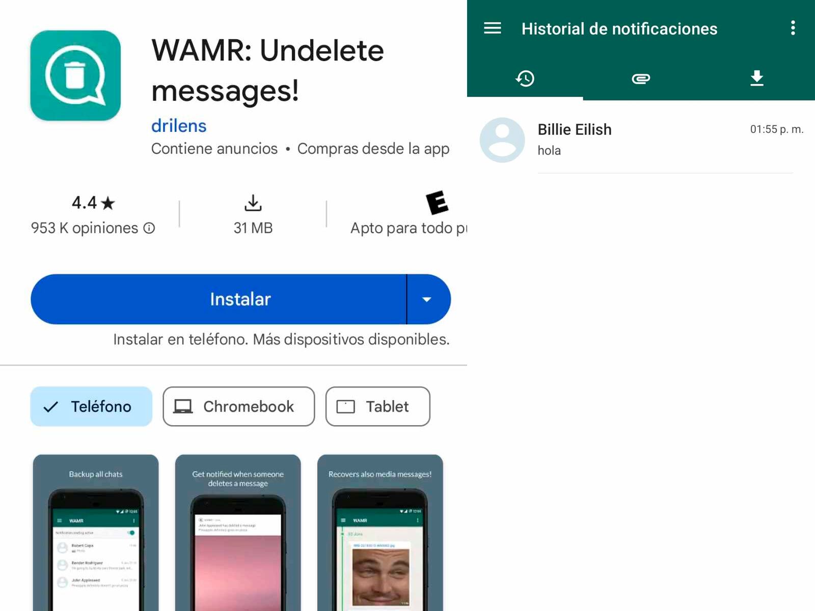 WHATSAPP | Para recuperar los mensajes eliminados de mis amigos, uso WAMR. (Foto: MAG - Rommel Yupanqui)