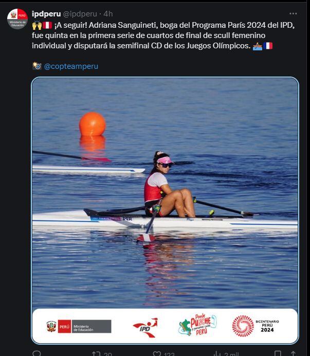 Adriana Sanguineti fue quinta en la primera serie de cuartos de final de scull femenino individual.