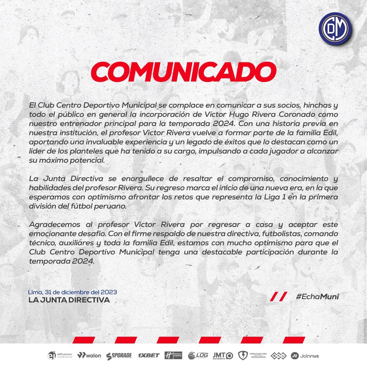 Comunicado de Deportivo Municipal tras el anuncio de Victor Rivera como nuevo DT. (Foto: Muncipal).