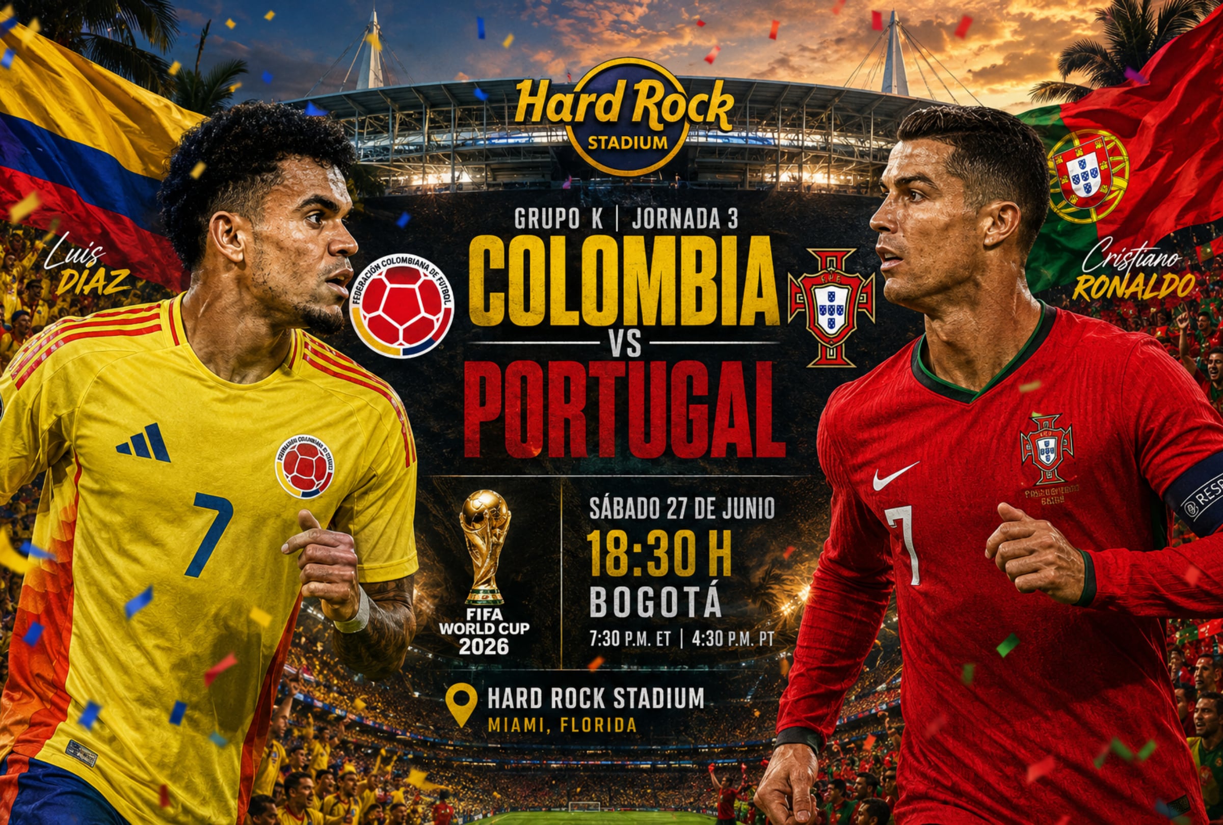 MIAMI, FLORIDA (ESTADOS UNIDOS), 27/06/2026.- Lista de canales de TV y servicios streaming para ver el partido Colombia vs. Portugal hoy por la Jornada 3 del grupo K del Mundial 2026 en el Hard Rock Stadium de Miami, Florida. FOTO DE NOÉ YACTAYO
