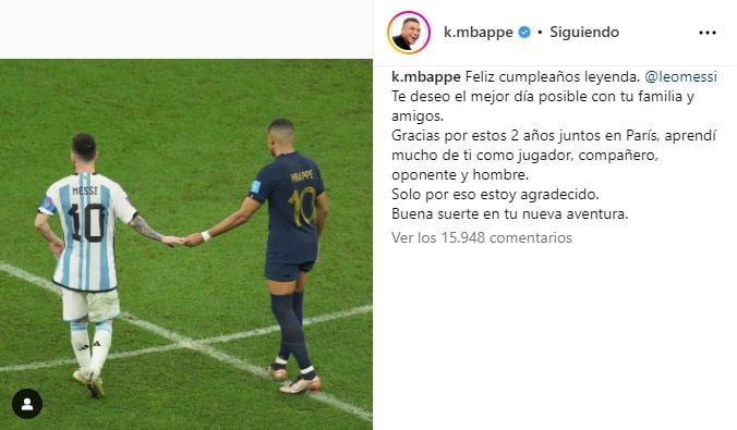 El mensaje de Mbappé para Messi en las redes sociales. (Instagram)