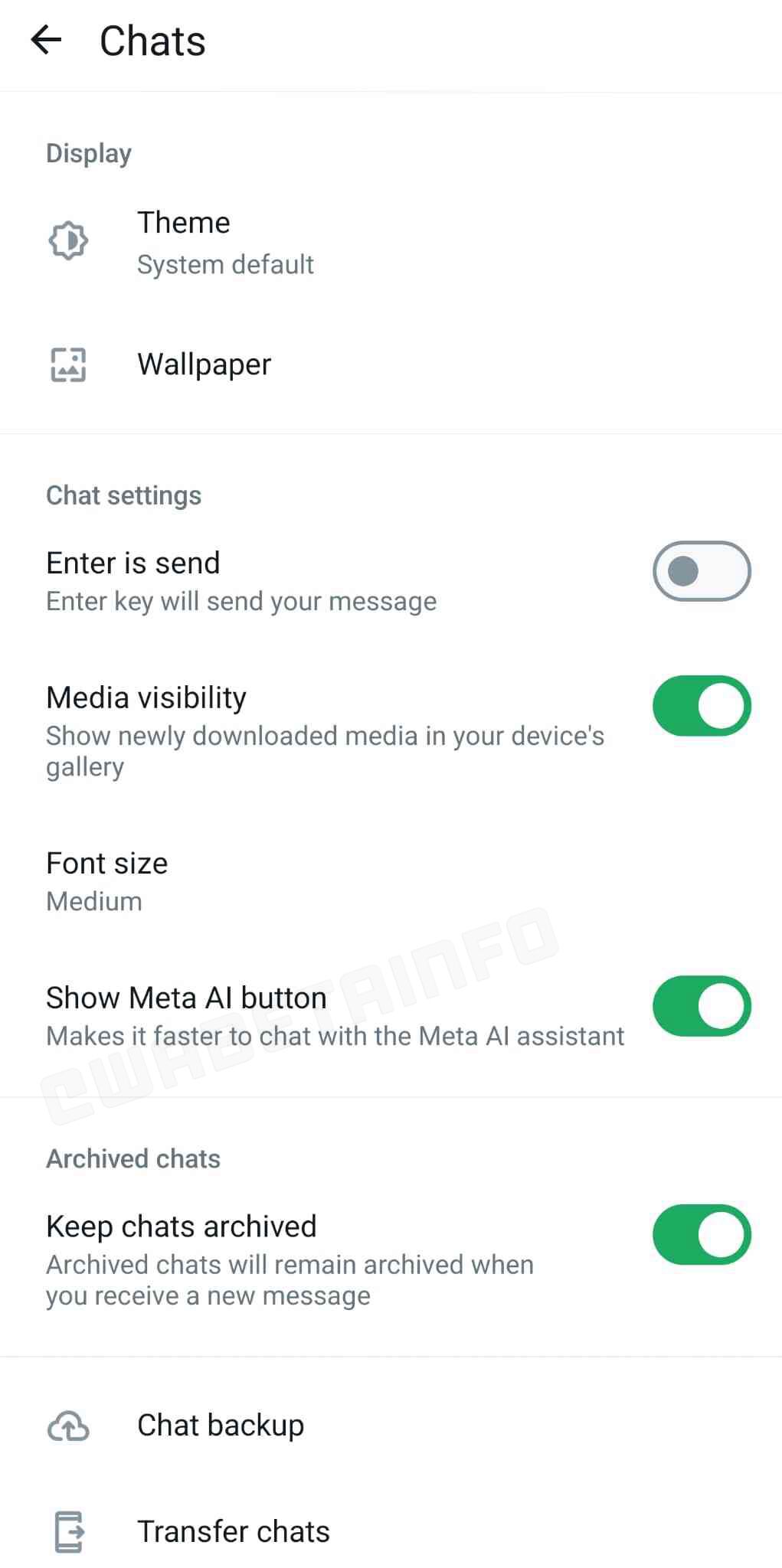 Vista previa de la función "Mostrar el botón Meta AI”. (Foto: WabetaInfo)